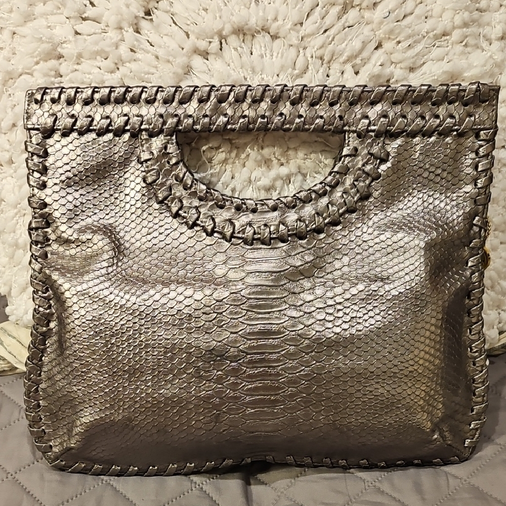 Big Buddha Snake Embosed Silver Metallic Clutch with Chain Detail - Picture 14 of 14